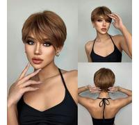 Dark Brown Mixed Copper Highlight Straight Wigs With Bangs Short Cut Synthetic Wigs for Women Daily Lolita Heat Resistant-SS197-1
