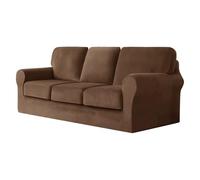 Dark Brown Stretch Velvet Sofa Covers for 1/2/3/4 Seaters with Separate Cushions & Backrest Non-Slip Armrest Protection Easy Care
