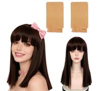 Dark Brown Wig with Fringe with 2 PCS Hair Nets, 40cm Womens Wigs with Bangs Medium Length Wigs for Women, Adjustable Dark Brown Fringe Wig Suitable for Daily Use and Party