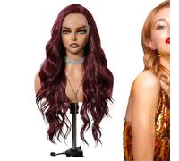 Dark Burgundy Wig,Red Colored 25 Inch Frontal Bouncy Wave Wigs | Wine Glueless Hair, Transparent Lace For Women, 13x6 Pre Plucked Curly, Realistic Look For Daily Use