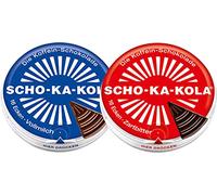 Dark Chocolate and Milk Chocolate SCHO-KA-KOLA with natural Caffeine from Cocoa, Cola-Nut-Powder and Coffee 2 tins x 100 g/Germany
