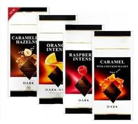 Dark Chocolates Bars Multipack - Pack of 4 x 100g Orange, Raspberry, Caramel Sea Salt & Hazelnut Bars & Topline Card "Indulge in Every Bite of Luxury" For All Occasions