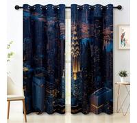 Dark City Architecture Night View Printed Thermal Insulated Curtains W 29.5" x L 65"(2 Panels) - Window Treatment Eyelet Curtains for Bedroom, Eyelet Blackout Curtains for Kids Bedroom Living Room