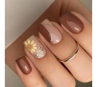 Dark Coffee Brown Daisys Line False Nails For Women ABS Materials Natural Fit Elegant Design Fall Winter Press On Nails Fall Winter Dark Brown Nail Designs