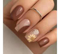 Dark Coffee Brown Daisys Line False Nails For Women ABS Materials Natural Fit Elegant Design Fall Winter Press On Nails Friendly ABS False Nail
