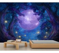 Dark Enchanted Forest Wallpaper, Purple Full Moon Girls Room Wallpaper, Fantasy Night Scene Tree Wall Mural for Livingroom Bedroom Mural Poster 300 X 210 cm
