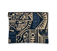 Dark Ethnic Makeup Bag, Tribal Patterns Bohemian Cosmetic Travel Pouch for Women, Portable Small Canvas Zipper Organizer, Perfect Skincare Toiletry Bag for Festivals, Dark Blue, 7x9 Inch, Tribal