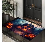 Dark Fantasy Style Halloween Haunted House Pumpkin Door Mats Absorbent Non-Slip Low Profile Doormat | for Entrance, Inside, Kitchen, Machine Washable Front Door Mat for Pets or Dog 40 x 60 cm