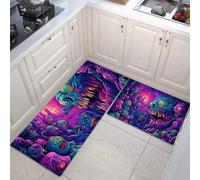 Dark fantasy style Kitchen Rugs and Mats Carpet Standing Mats Washable 2 Pieces Microfiber Non-Slip Purple Rug Set for Kitchen Floor Front of Sink, Hallway,50x80+50x150cm,Skeleton Monster