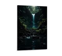 Dark Forest Waterfall Canvas Wall Art, Nature Landscape Pond Plant Painting on Textured Canvas Prints Picture Poster for Living Room Bedroom Home Wall Decoration Artwork Frame 12x18inch(30x45cm)