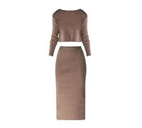 Dark Formal Dress Women's Spring and Autumn Leisure Long Sleeve Round Neck Solid Knitted Short Sweater High Waist Long Skirt Set Skirts for Women Plus Size (Khaki, S)
