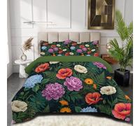 Dark Garden Style Coverless Duvet Double - 200x200cm, Super Soft and Comfy Wild Poppy Peony Herb Bouquet Quilt Set Reversible Comforter Set Lightweight Down Alternative with 2 Pillowcases, Green