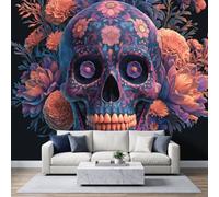 Dark Gothic 3D Effect Photo Mural 450W x 315H cm, Premium Traditional Ethnic Horror Sugar Skull Daisy Non-Woven Mural Wallpaper for Lounge Playroom Bedroom Nursery - Panoramic Black Wall Art Decor