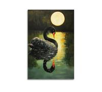 Dark Gothic Aesthetic Wall Art, Vintage Textured Relief Black Swan Moonlit Lake Hanging Paintings Poster, Classic Romantic Bird Artwork for Bedroom Home Decorat 20x30inch(50x75cm)