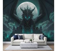 Dark Gothic Fantasy Wall Mural 250x175cm, Black Dragon Castle Full Moon Gaming Theme Poster Mural, HD 3D Print Non-Woven Photo Wallpaper, Modern Living Room Bedroom TV Backdrop Wall Decoration
