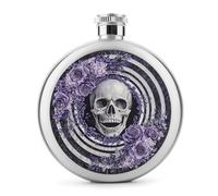 Dark Gothic Purple Floral Rose Skull Head Stainless Steel Hip Flask for Liquor, Round Pocket Portable Wine Flask for Drink 5 Oz