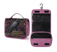 Dark Gothic Raven Perched on A Vintage Book Travel Toiletry Bag for Women,Hanging Makeup Organizer with Hook for Shampoo