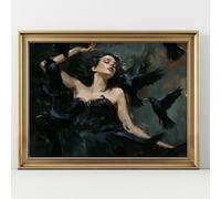 Dark Gothic Raven Woman Art Print - Crow Fantasy Wall Art, Witchy Dark Aestheti (Unframe-style,24L x 16W)