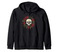 Dark Gothic Skull with Red Roses Zip Hoodie