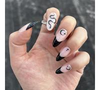Dark Gothic Snake Print French Tip Press On Nails - 24pcs Almond Shape Reusable Waterproof with Black Iridescent Glitter & Pink Base for DIY Manicure & Celestial Witchy Nail Art
