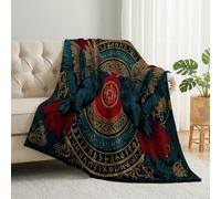 Dark Gothic Soft Cozy Flannel Throw Blanket 180 x 200 cm, Animals Crow Runes Washable Lightweight Blanket For Home Office Room Bed Sofa Chair Gifts, Red Blue Anti-Pilling Breathable Throw Blankets