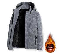 (dark gray, 3XL) Men's Camouflage Windproof Jacket with Removable Hood - Velvet-Lined for Autumn and Winter Mountaineering.