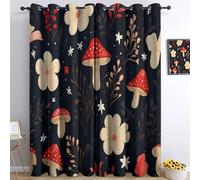Dark Gray Blackout Curtains 46 x 72 Inch, Retro Cute Floral Mushrooms Thermal Insulated, Soundproof & Noise Reducing Drapes for Living Room, Bedroom and Kids Room - Eyelet Darkening Curtains, 2 Panels