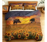 Dark Gray Double Duvet Cover Set Sunflowers Flower Fields Trees Sunset Printed Soft Luxury Bedding Set, Reversible 100% Microfiber Natural Landscape Quilt Covers with 2 Pillowcases, 200 x 200 cm