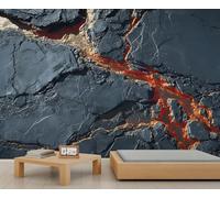 Dark Gray Lava Rock Wall Mural Red Magma Streaks Murals Black Abstract Marble Wallpaper Cracked Stone Mural for Living Room Bedroom 250 x 175 cm