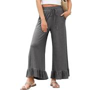 ,dark gray,S,Women's Summer Ruffled Nine-point Pants, Wide Leg Pants Thin Loose Casual Home Breathe Trousers, Wearable Outside