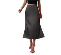 Dark Gray Satin Skirt for Women UK Elegant High Waist A Line Flared Skirts Casual Solid Color Flowy Midi Skirt Ladies Mid-Length Formal Skirts Work Office Business Cocktail Party Wedding S