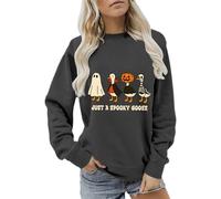 Dark Gray Womens Halloween Sweatshirt Slouchy Jumper Fresh Pumpkin Ghost Duck Skeleton Printed Long Sleeve Round Neck Pullover Ladies Holiday Loose Fit Tops Graphic Casual Festival Clothes M