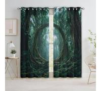 Dark Green 100% Blackout Curtains for Bedroom 72 Inch Pattern Eyelet Curtain Jungle Scenery Magic Fantasy Tree Hole Thermal Insulated Noise Reducing Energy Saving Drapes Window Treatment Sets 2 Panels