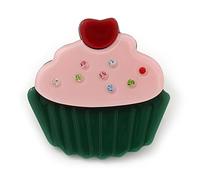 Dark Green/Baby Pink Austrian Crystal Acrylic 'Cupcake' Pin Brooch - 40mm Across