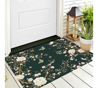 Dark Green Beautiful Flowers Birds Welcome Mat Non-Slip Doormat Outdoor Indoor,Chinese Style Plants Front Door Mat Entrance Porch Farm House Bedroom Garage Patio Living Room Decorative,70X100Cm