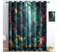 Dark Green Blackout Curtains Eyelet Dark Style Tropical Rainforest theme for Bedroom Living Room Window Decor, W 66" x L 90" (2 Panels) Printed Soft Drapes
