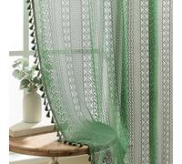 Dark Green Boho Curtains 84 Inches Long, 2 Panels, W60 x L84 Inch, Geometric Stripes Crochet Pattern Farmhouse Lace Curtains with Tassels Rod Pocket Privacy Light Filtering Christmas Window Curtain