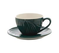 Dark Green Cup & Saucer With Botanical Embossed Detailing,2-Piece Set For Tea,Saucer & Cup With Tapered Base
