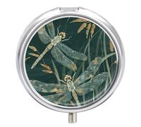 Dark Green Dragonfly Pill Box 3 Compartment Small, Personalized Pill Organizer with Mirror, Portable Pill Case for Pocket Or Purse, Round Pill Containe Travel Gifts, Pill Holder