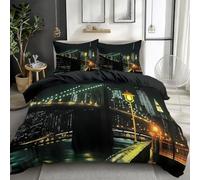 Dark Green Duvet Cover Sets King 230x220 cm City New York Brooklyn Bridge Night Bedding Quilt Cover Set With Zipper Closure, Ultra Soft Hypoallergenic Microfiber Duvet Cover with 2 Pillowcases