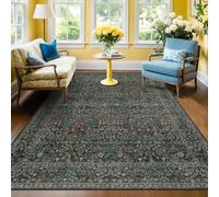 Dark Green Floral Bedroom Rug 5x7 Area Rug for Living Room Vintage Forest Washable Mat for Dining Room, Low Pile Non Slip Stain Resistance Distressed Retro Indoor Boho Carpet (5x7 Dark Green)