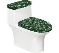 Dark Green Floral Stretchy Toilet Lid and Tank Cover Set-Soft Elastic Bathroom Decor for U Shape Oval
