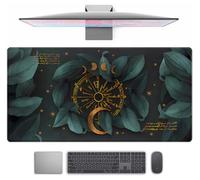 Dark Green Forest Leaves Mouse Pad Desk Mat, Gold Moon Extended XXL Large Gaming Academia Mousepad Desk Pad, Computer Laptop Desk Mats for Keyboard and Mouse with Stitched Edges Pad 31.5x15.7 in