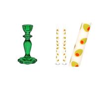 Dark Green Glass Candlestick Holder & Olive Design Tapered Candles Bundle