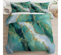 Dark Green Gold Texture Agate Marble Double Duvet Cover Set, Microfiber Bedding Set with Pillowcases, Ultrasoft Hypoallergenic Reversible Green Quilt Cover for Kids Girls Teens Adults - 200 x 200 cm