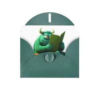 Dark Green Greeting Card DLXW Green monster reading a book Pattern for Christmas, Children's Birthday, Valentine's Day, Wedding Anniversary & Party Invitation