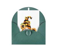 Dark Green Greeting Card with Matching Envelope - Gnome Bee Yellow Floral Print Blank Blessed Design - Pearl Paper Humorous Note Cards