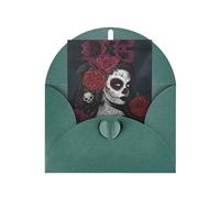 Dark Green Greeting Cards with Matching Envelopes - Day of the Dead Girl Print Blank Blessed Cards for Birthday, Wedding, Valentine's Day