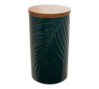 Dark Green Large Storage Jar With Bamboo Lid,Jar With Embossed Tropical Leaf Design,Spice Storage Canister