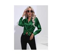 (Dark Green, M) Elegant Women Satin Imitation Silk Long Sleeve Shirt Autumn Winter Solid Color Office Ladies Lapel Button Shirt Women's Clothing